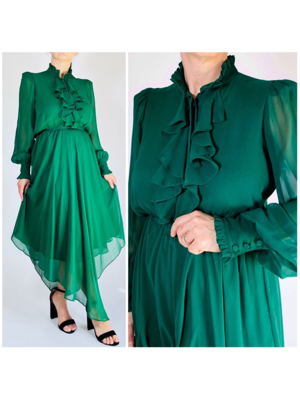 DIVINE HERITAGE Dress 100% Silk Green Asymmetrical Ruffle Front Dress XS